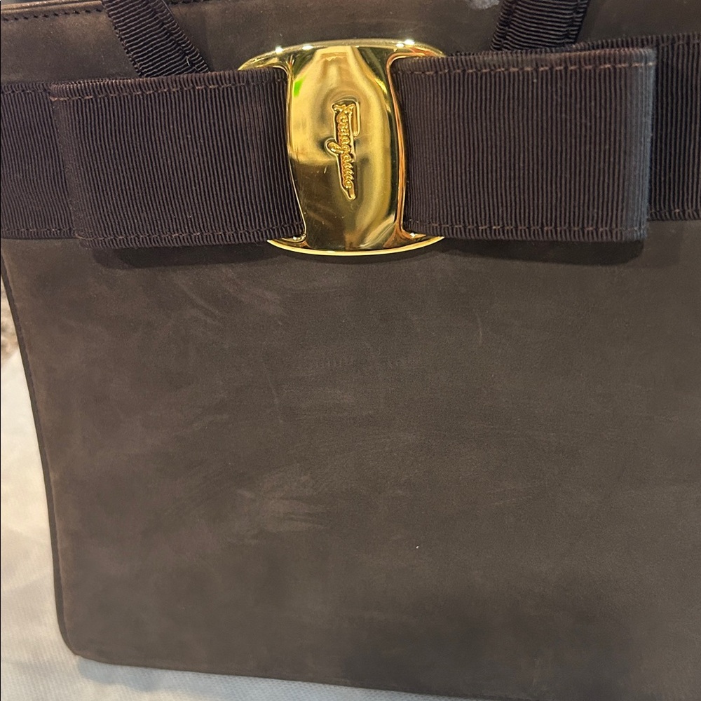 Salvatore Ferragamo Brown Suede Vala Bow handbag 2way with COA EUC - Picture 3 of 16